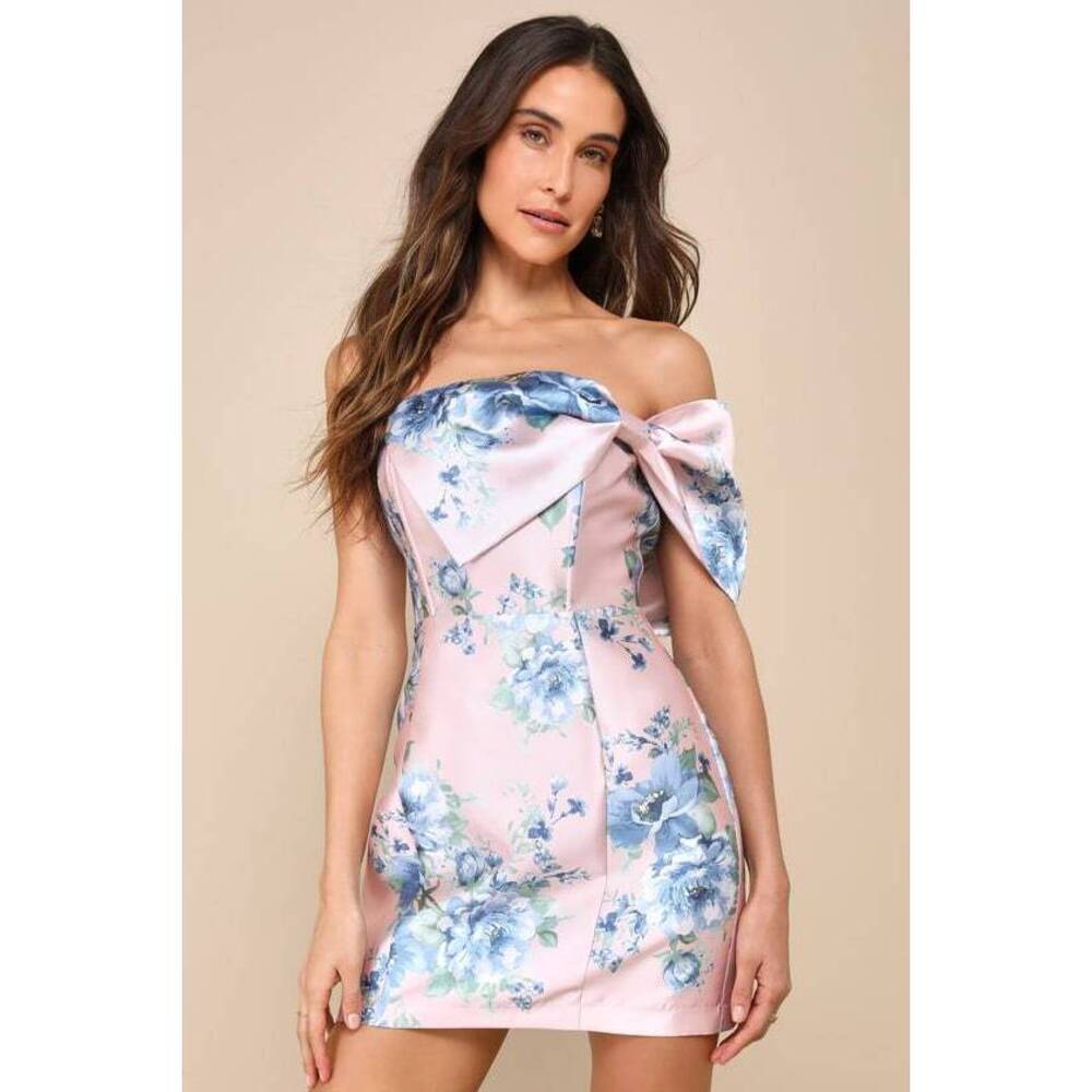 Lulus Soiree Darling Pink Floral Bow Off-the-shoulder Mini Dress - Size M